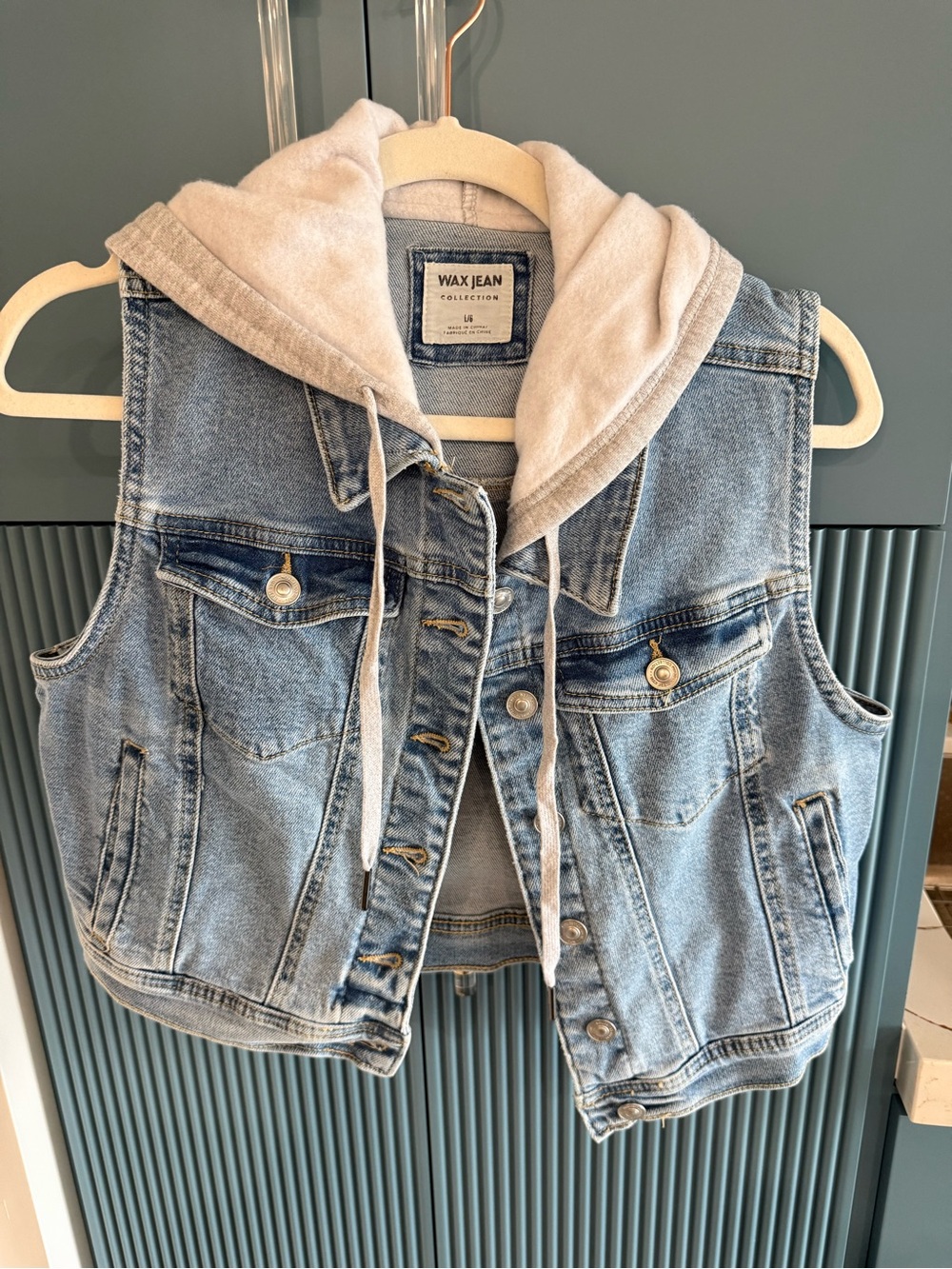 Wax Jean Light Blue Denim Vest with Grey Hood